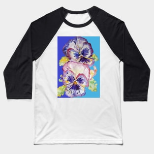 Pansy Watercolor Purple Flower Pattern on Navy and Mid Blue Baseball T-Shirt